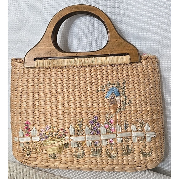 Vtg Cappelli Straworld Picket Fence Purse Wood Handles Rafia Lined Cottage Core - Picture 1 of 13